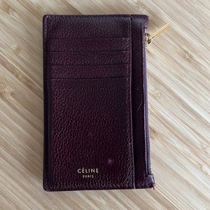 Celine Zipped Compact Card Holder wallet in Grained Calfskin Burgundy w/ receipt
